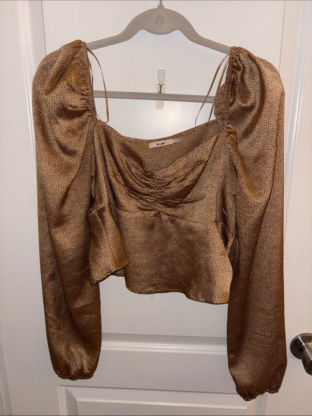 miami Satin Puff-Sleeve Crop Top Gold with Black Polka Dots